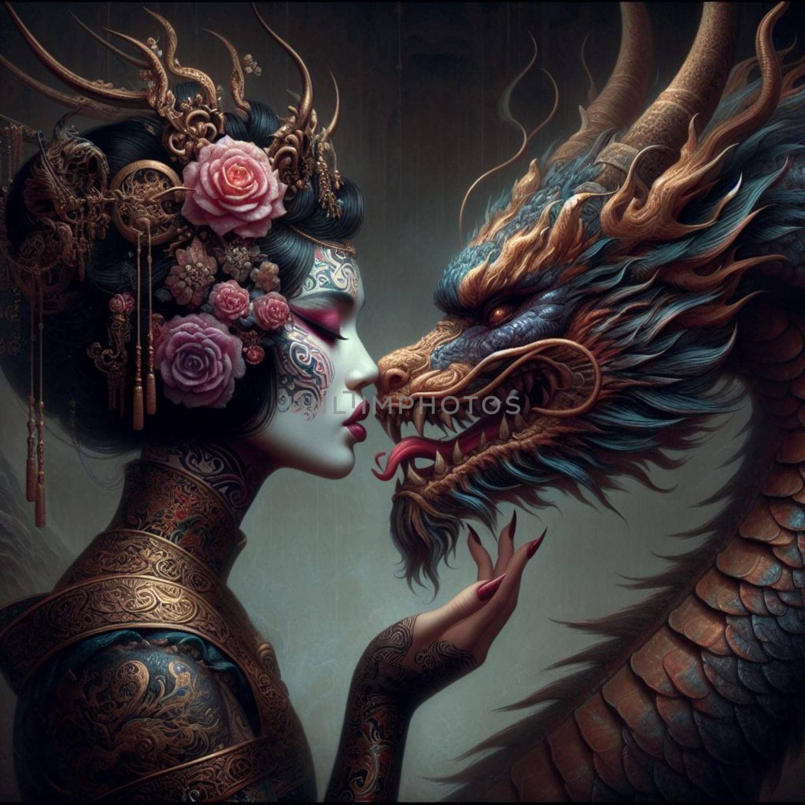 porcelain geisha wear make up tattoed model kiss confront powerful dragon chinese creature new year by verbano