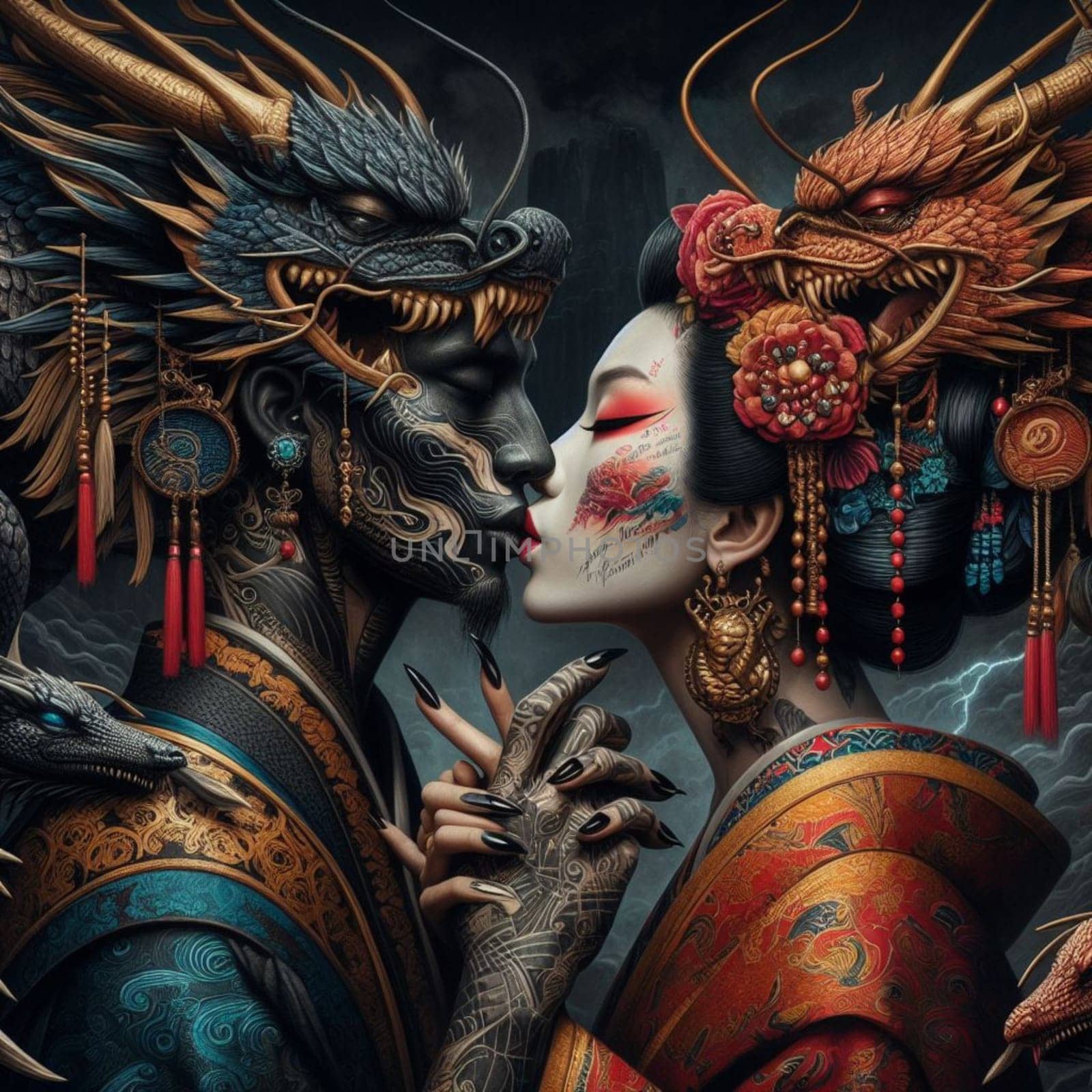 punk porcelain geisha make up tattoed model kiss bond powerful dragon chinese creature valentines by verbano