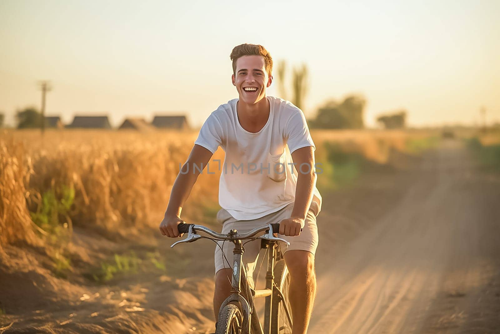 A young European man rides a bicycle along a country road past a wheat field, smiles happily and greets the dawn.