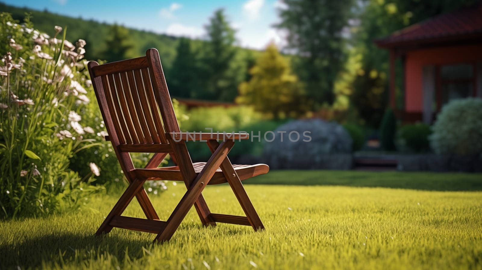 Wooden chair in a blooming garden stands on a bright green neat lawn in the garden.