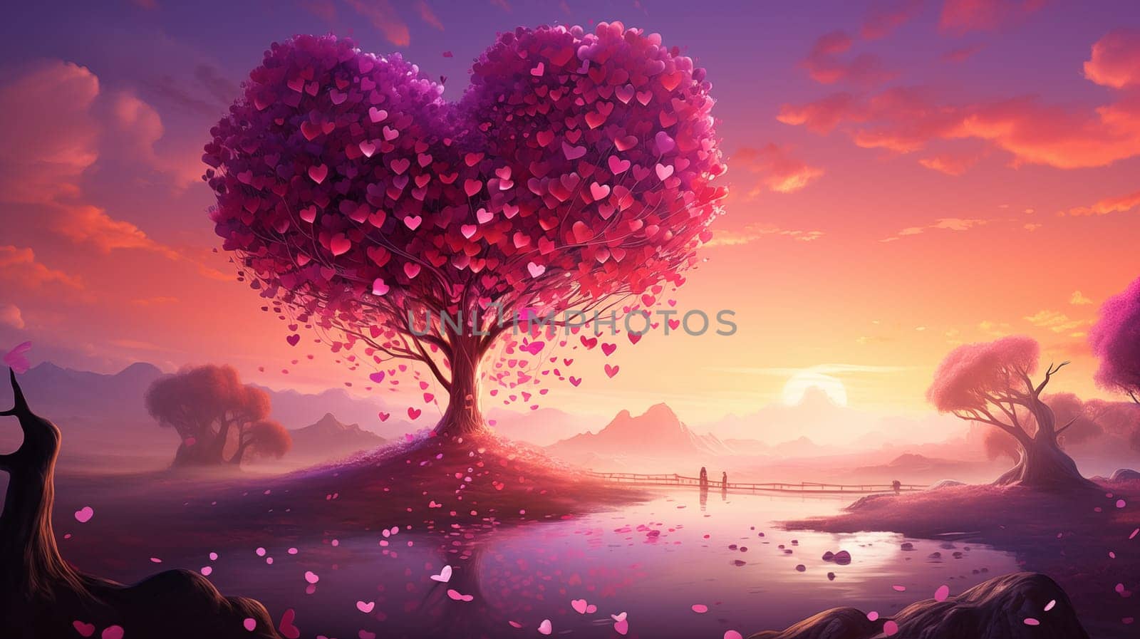 A dreamlike illustration of a heart-shaped tree with falling petals during a vibrant sunset.