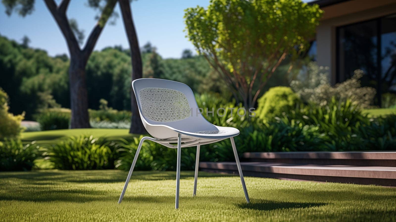 White garden Chair , on a bright green neat sunny lawn