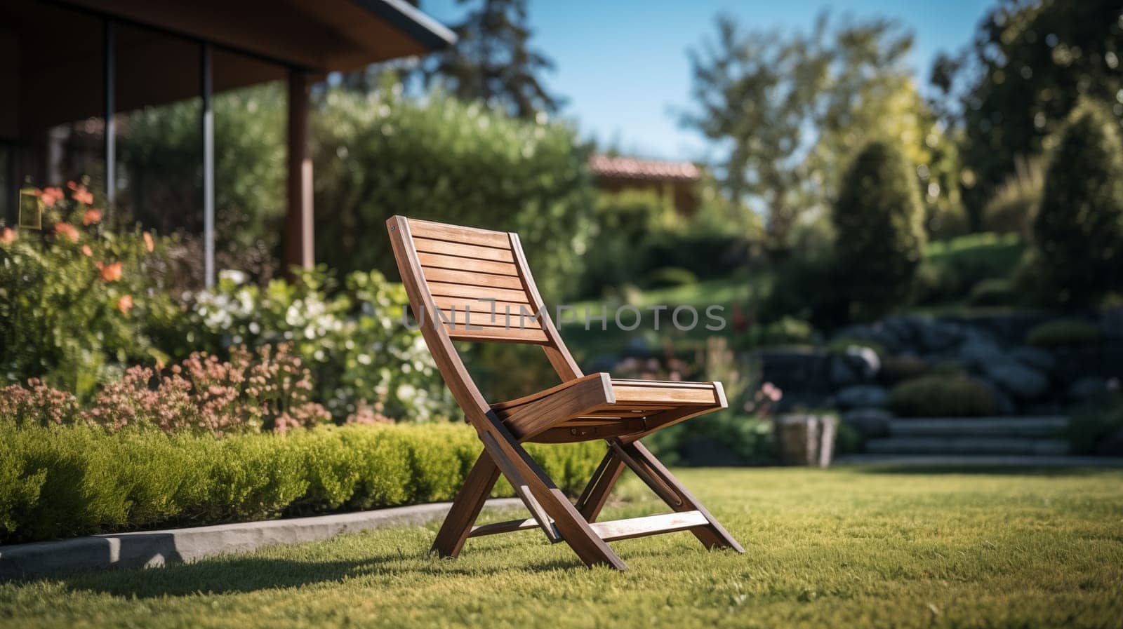 Wooden chair on manicured lawn near flowerbed, stand on green lawn