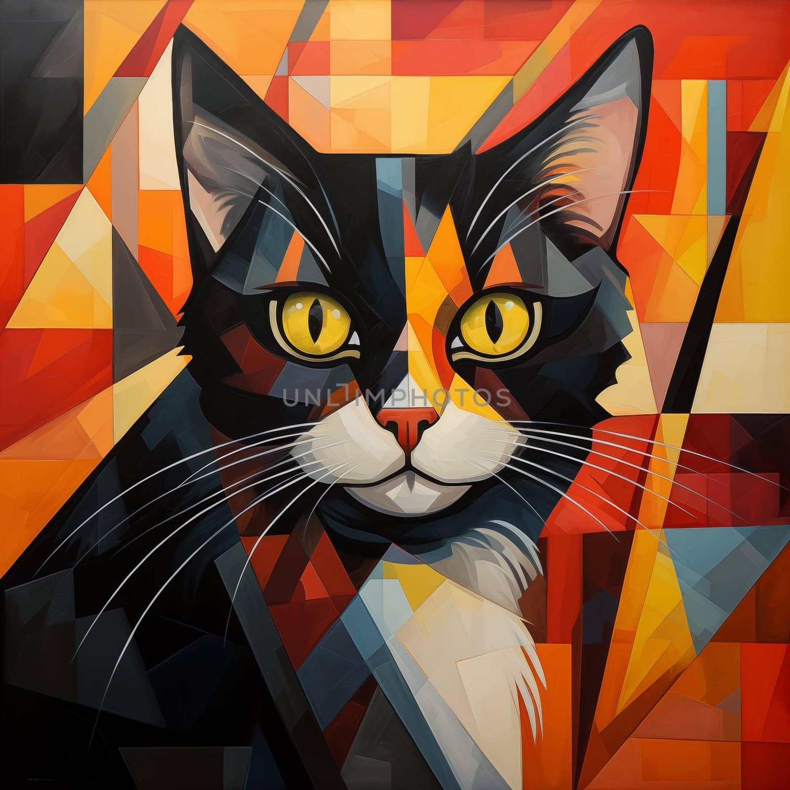 A striking modern art portrait of a tuxedo cat with vivid geometric by Zakharova