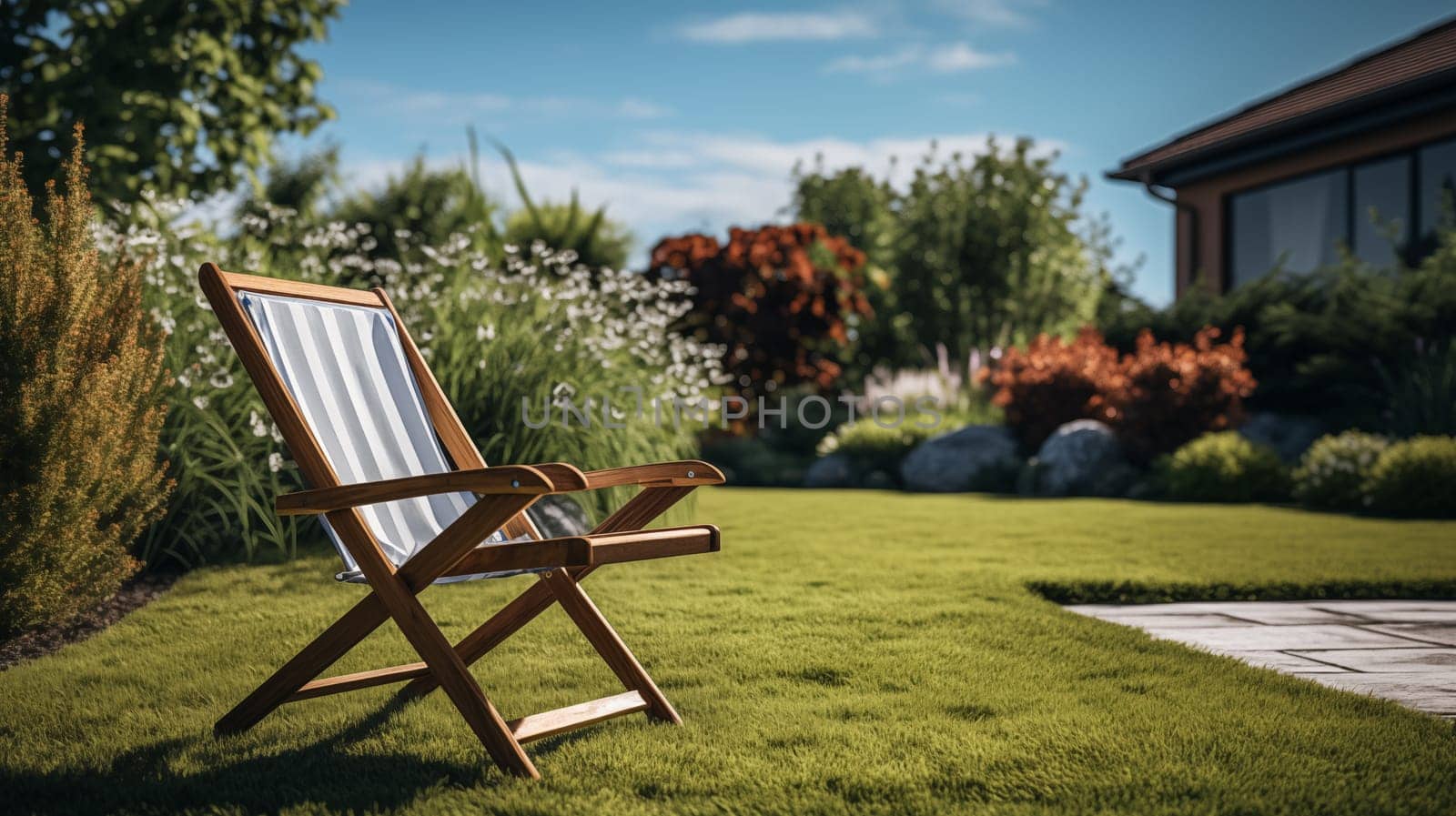 A striped chaise longue stands on a bright green neat lawn in the garden, in the sunlight.