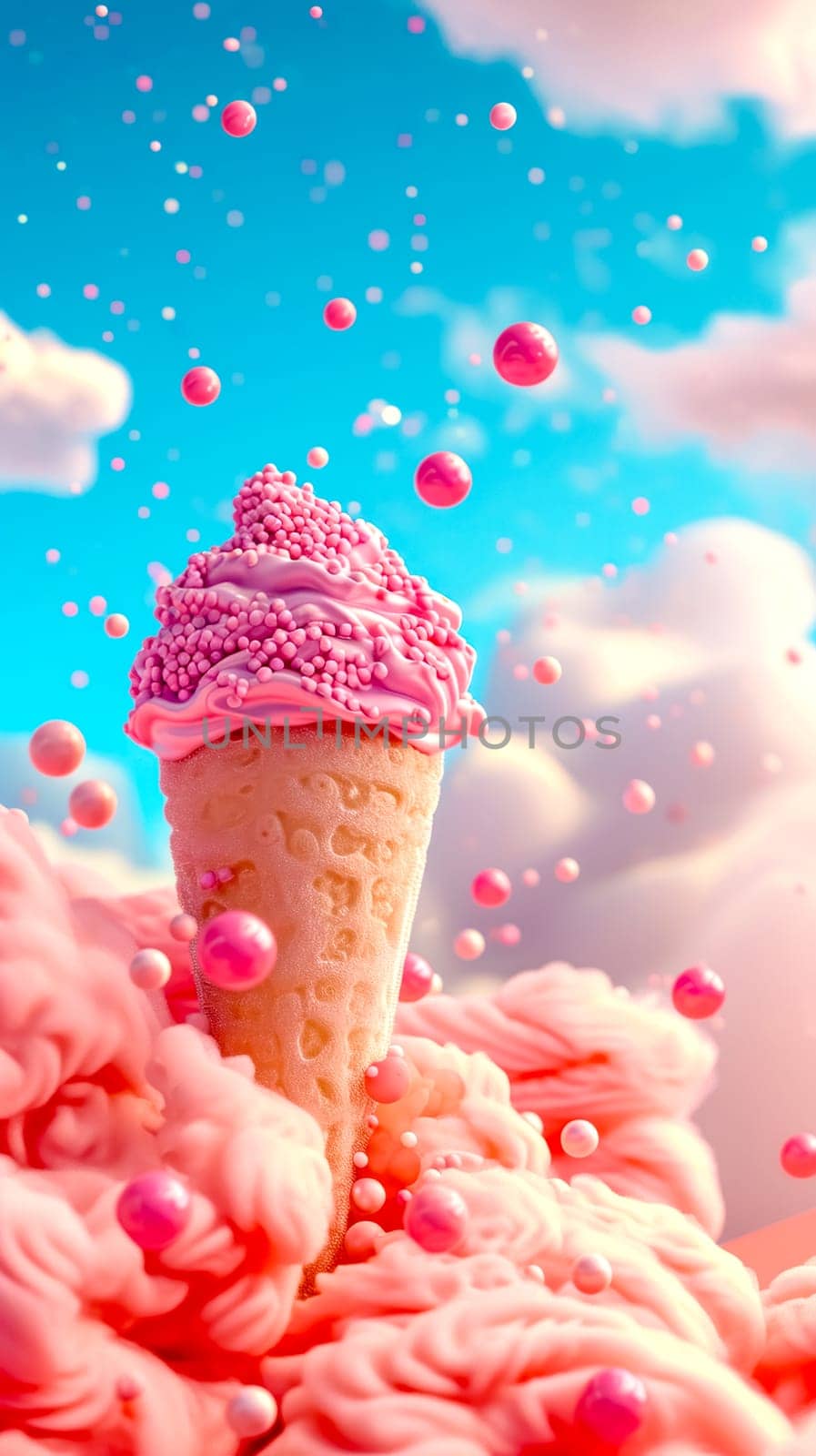 pink ice cream cone adorned with various embellishments, set against a backdrop of fluffy pink clouds and falling beads, vertical