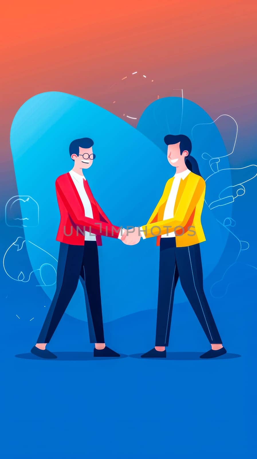 the conclusion of agreements, stylized people in suits shaking hands, one wearing glasses and a red jacket, the other in a yellow jacket, against a gradient blue to red background with abstract shapes by Edophoto