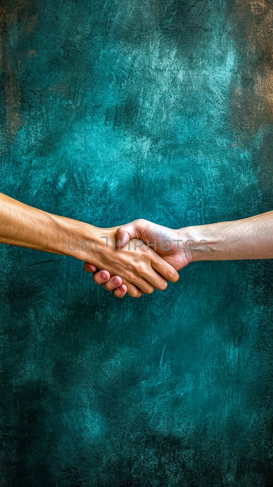 two hands engaged in a firm handshake, set against a textured turquoise and teal background that provides a rustic and artistic feel. vertical