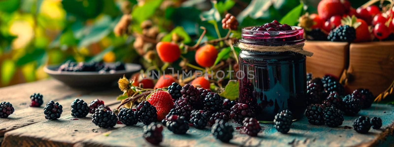 Blackberry jam in the garden. Selective focus. Food.