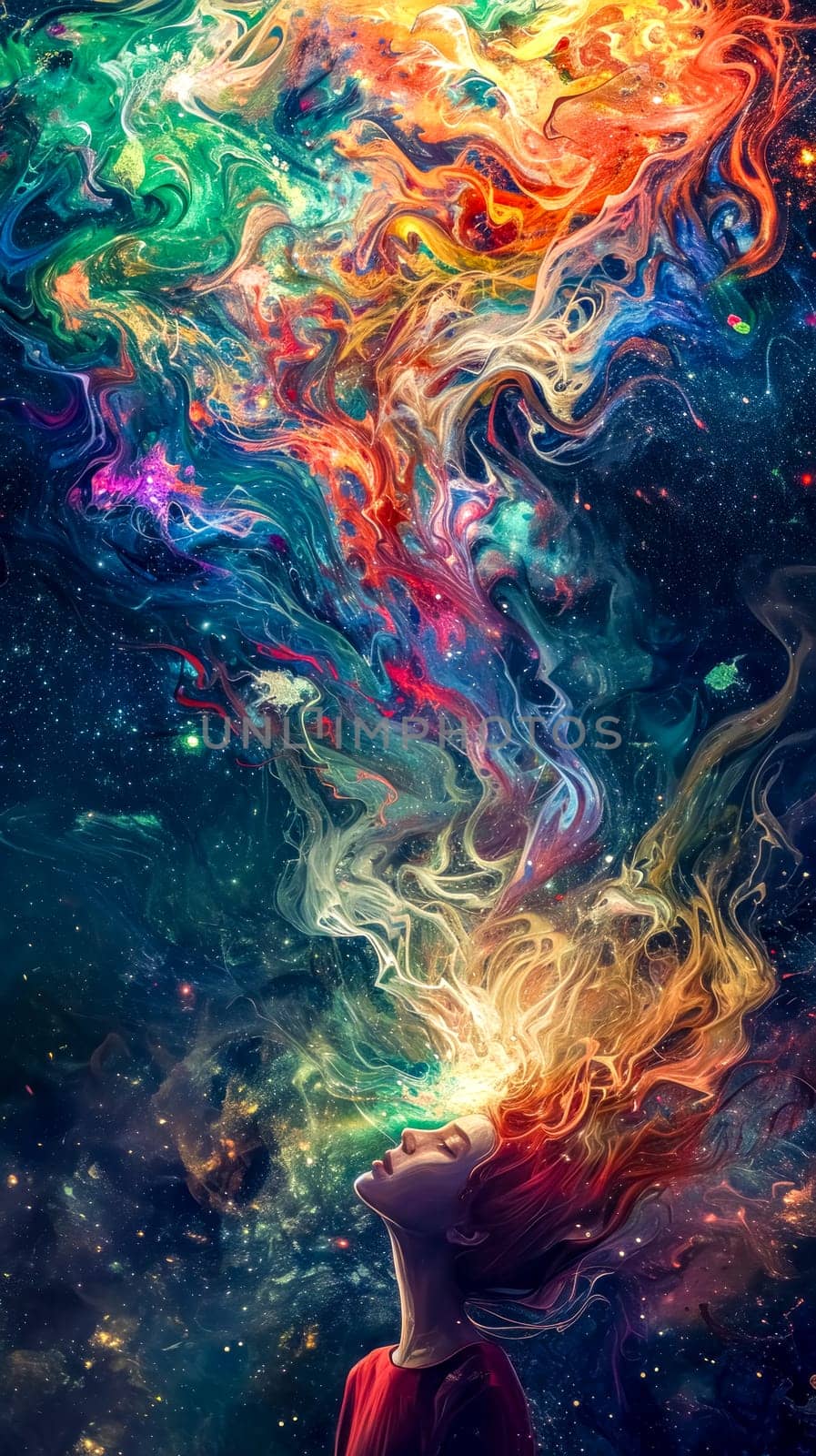 depiction of a person with their head tilted back, hair flowing upwards and transforming into a mesmerizing swirl of cosmic colors, blending with the starry expanse of space, vertical