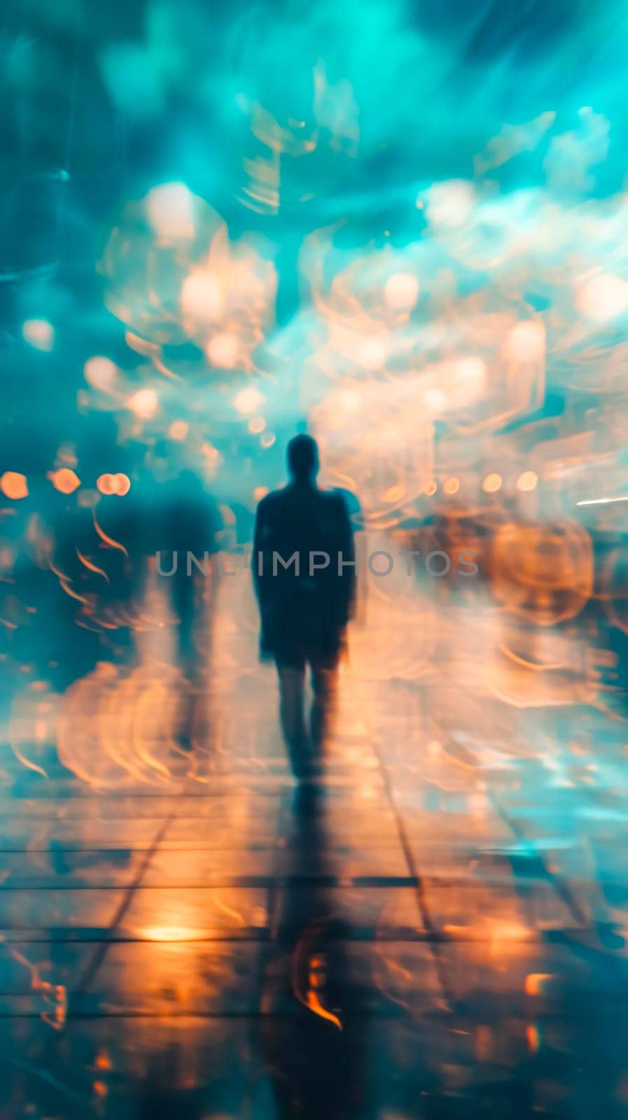 dreamlike vision of silhouetted figures walking through a blur of golden and turquoise light, creating an effect of movement and a sense of mystery or contemplation, vertical