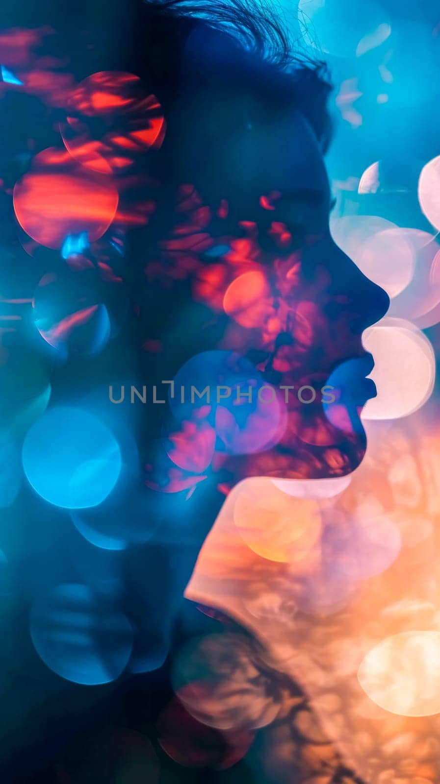 profile of a person overlaid with a vibrant array of bokeh lights in blue and red hues, creating a captivating and ethereal visual effect that's both mysterious and artistic, vertical