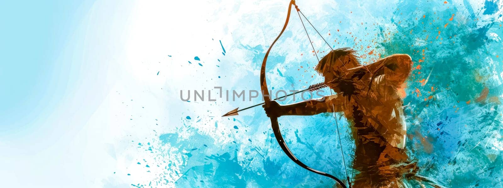 dynamic and abstract representation of an archer in the act of shooting an arrow, set against a backdrop of explosive blue and orange colors, evoking a sense of motion and energy. banner copy space