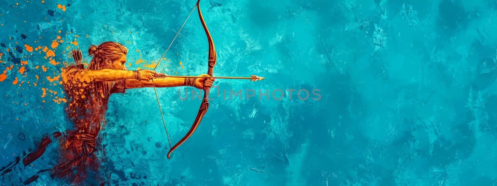 dynamic depiction of an archer in mid-action, with an abstract, painterly background in shades of turquoise and orange, evoking a sense of energy and focus by Edophoto