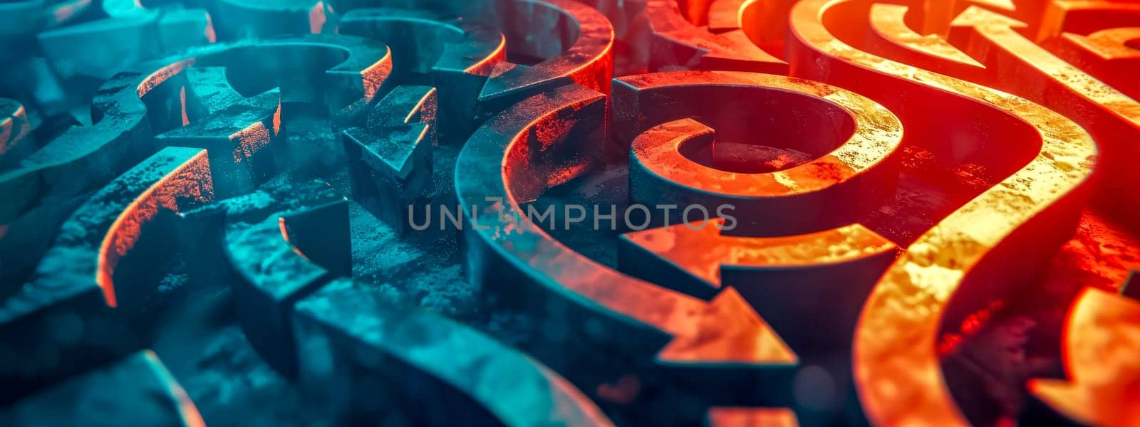 labyrinth of glowing arrows in red and blue tones, symbolizing choices, directions, and the complex journey of decision-making by Edophoto