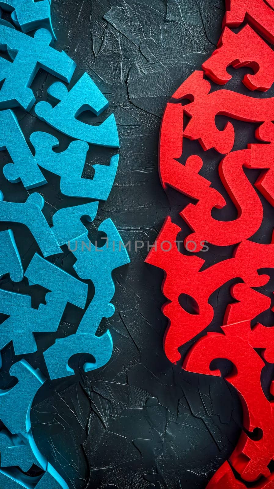 interlocking puzzle pieces in contrasting colors of blue and red, textured black background, complexity, connectivity, problem-solving, or the interplay between differing concepts or entities by Edophoto