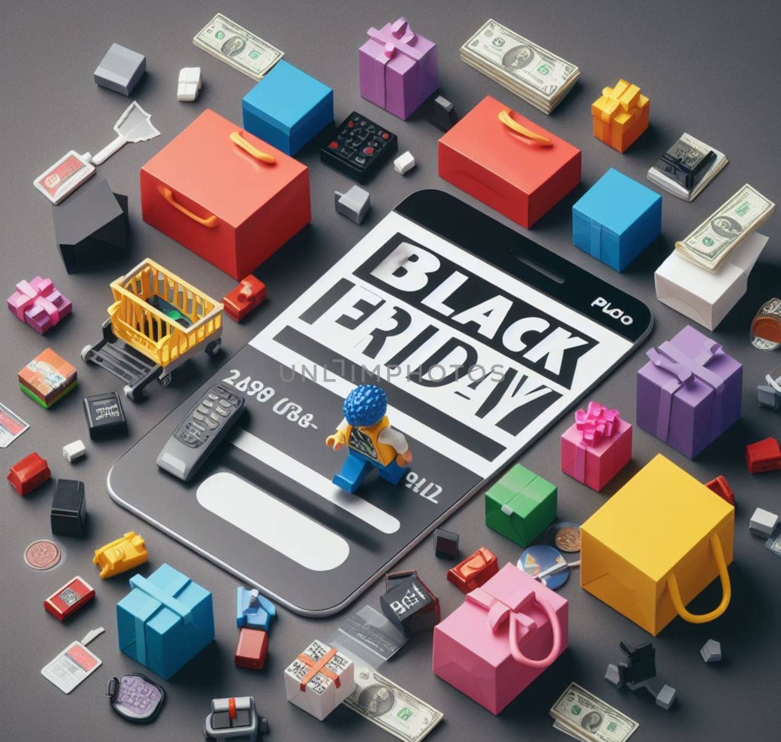 Isometric illustration of luxury items, gadgets and gifts associated with Black Friday deals, ai generated