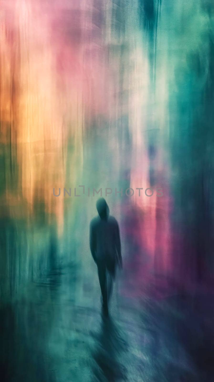 solitary figure walking in an abstract, brushstroke-like environment with a blend of teal, pink, and orange hues blurred, painting-like effect that evokes a sense of movement and emotional depth