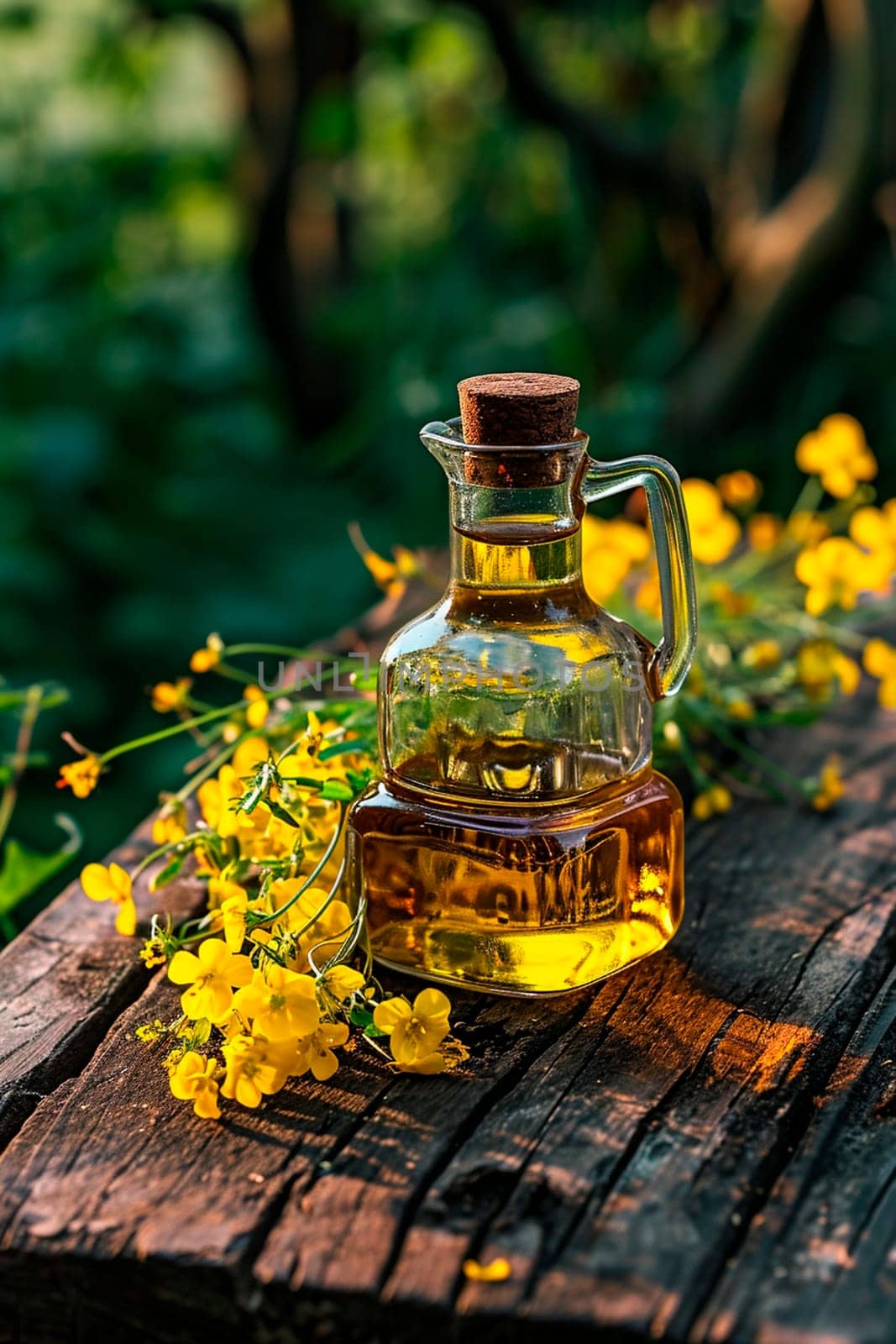 rapeseed oil on a table in the garden. Selective focus. Nature.