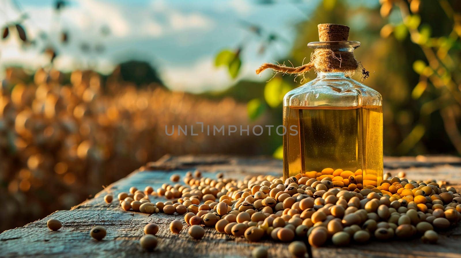 Soybean oil on a table in the garden. Selective focus. Food.