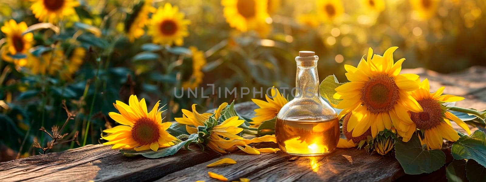 Sunflower oil on a table in the garden. Selective focus. by mila1784