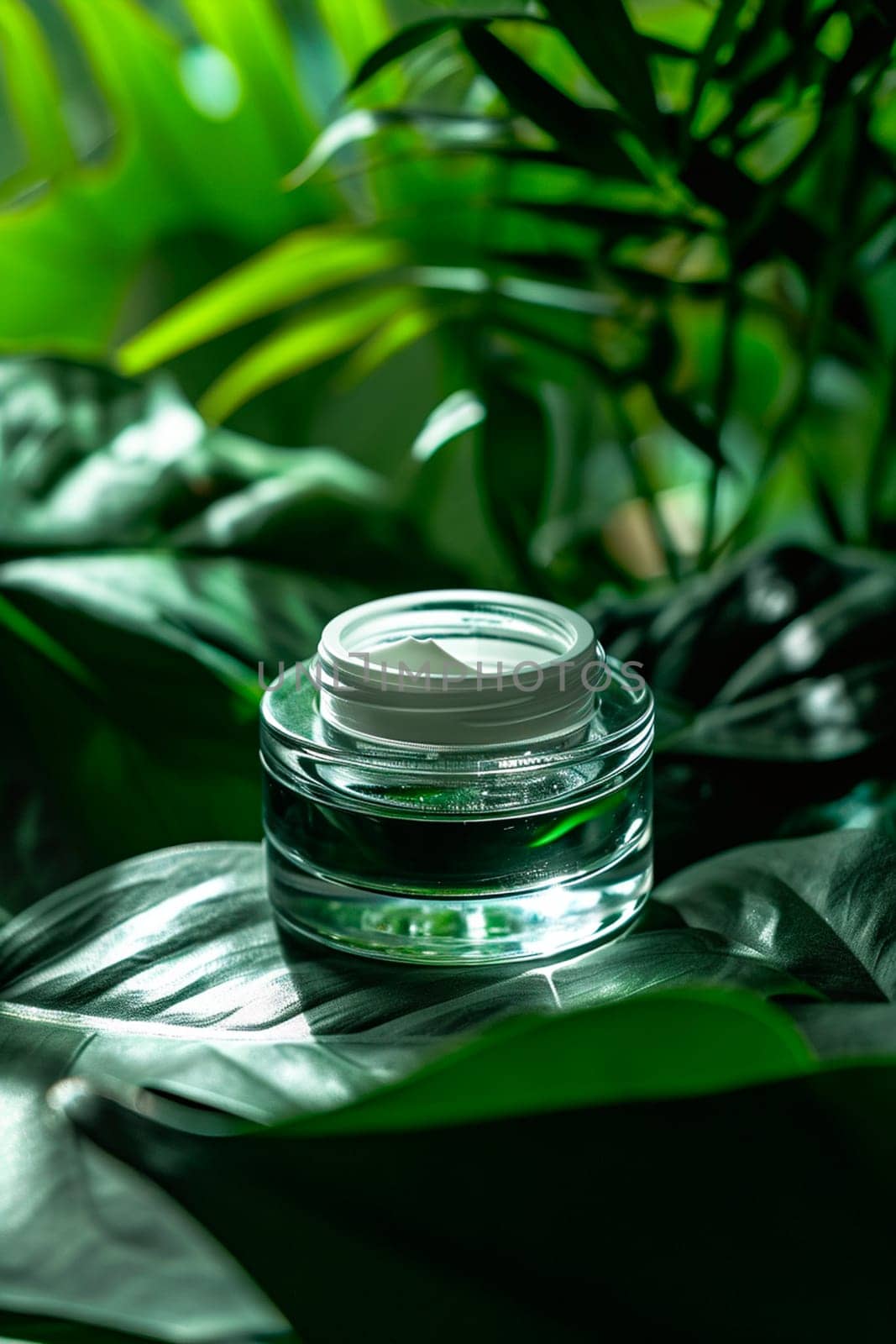 Cosmetics cream on a background of leaves. Selective focus. by mila1784