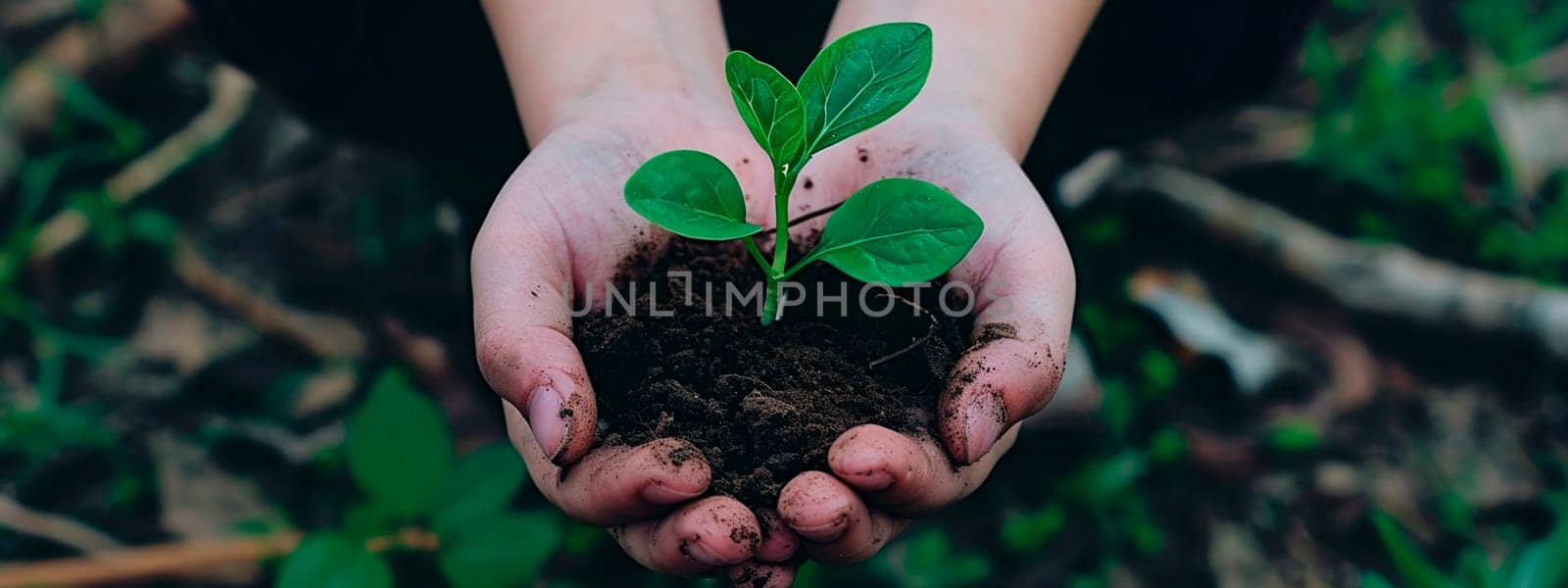 Sprout in the soil in the hands of a man. Selective focus. by mila1784