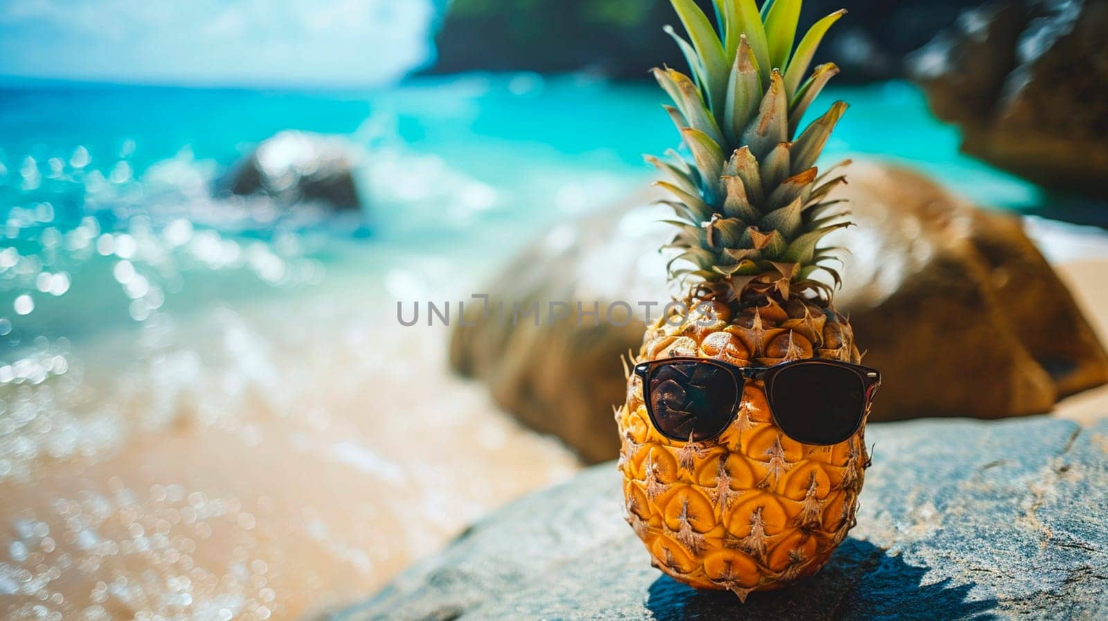 pineapple with glasses on the beach. Selective focus. by mila1784