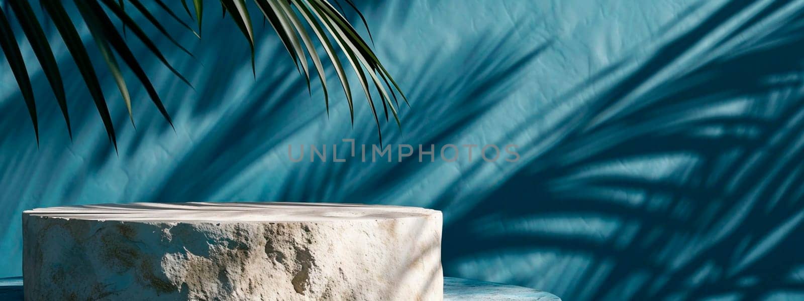 Podium for cosmetic products and palm leaves. Selective focus. Spa.