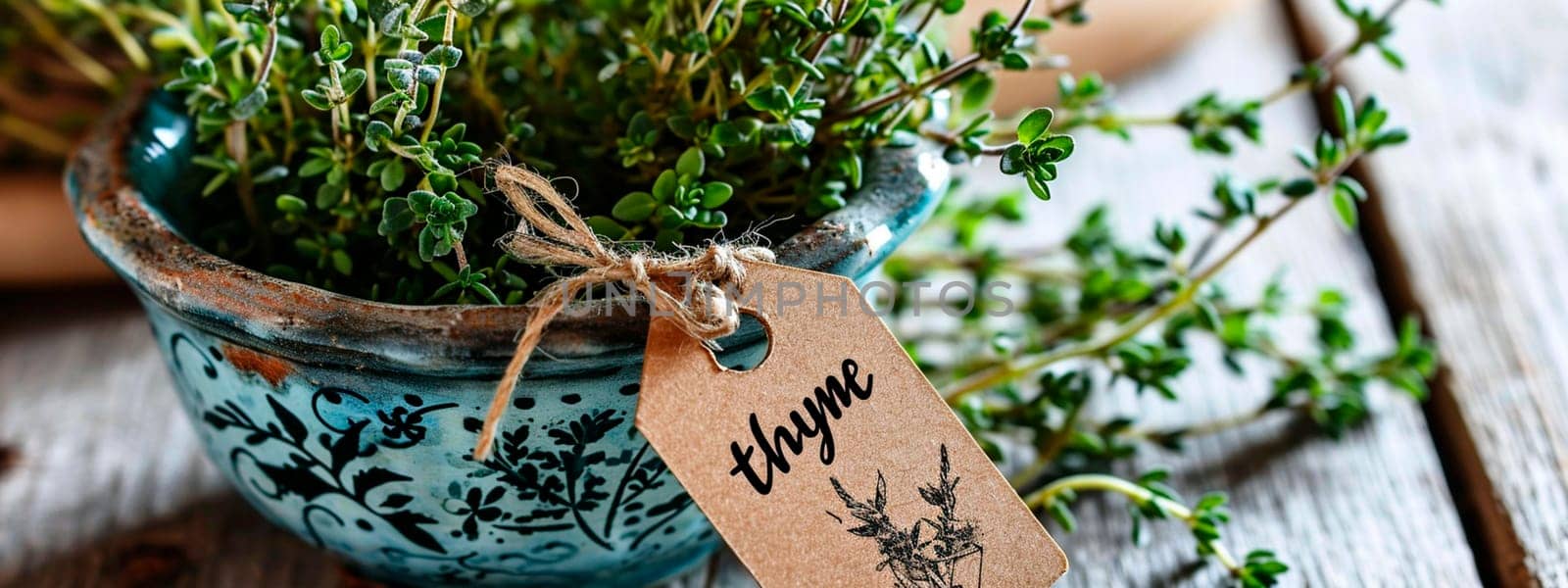 thyme flowerpot in the kitchen. Selective focus. by mila1784