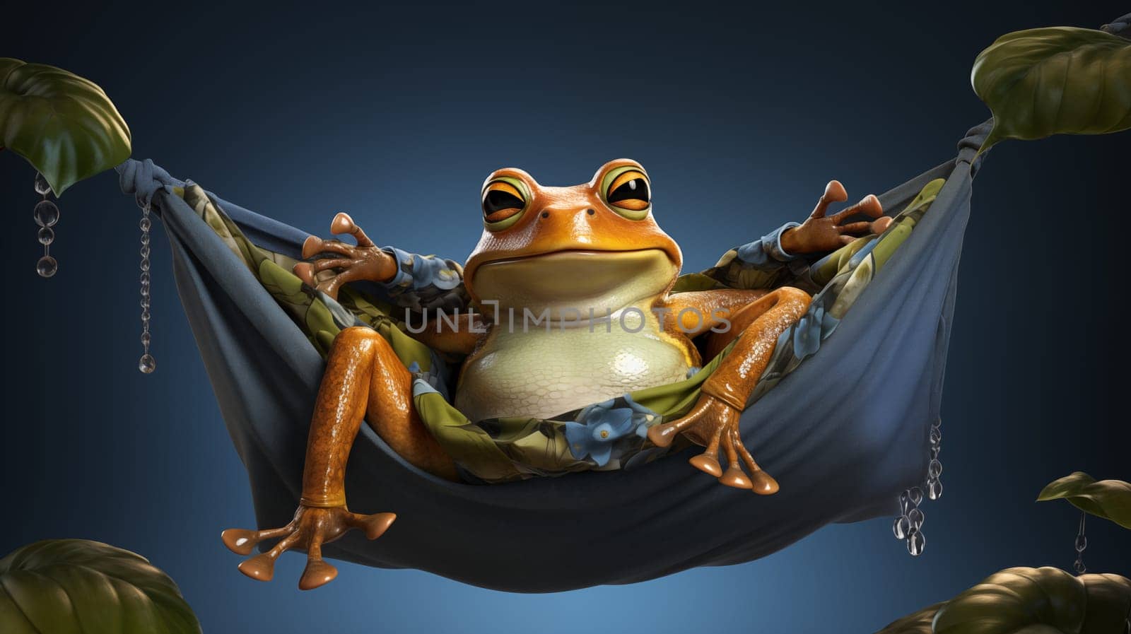A funny frog is lying comfortably in a hammock on dark blue background with an expression of relaxation and contentment on his face.