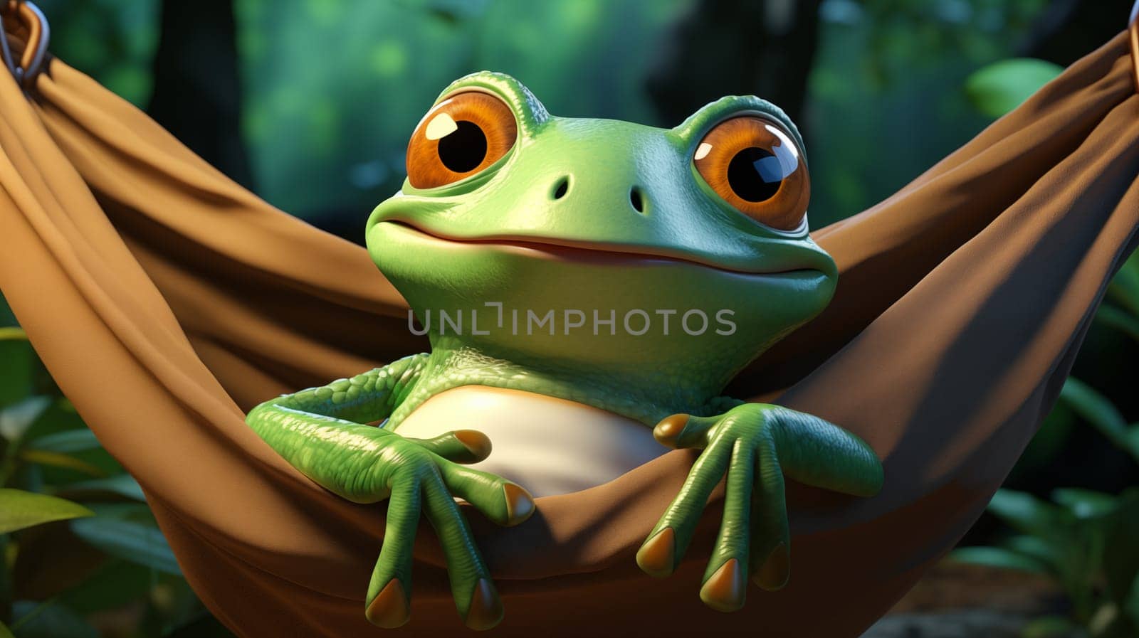 A vibrant, green frog with big eyes comfortably nestled in a brown hammock, surrounded by lush forest greenery.