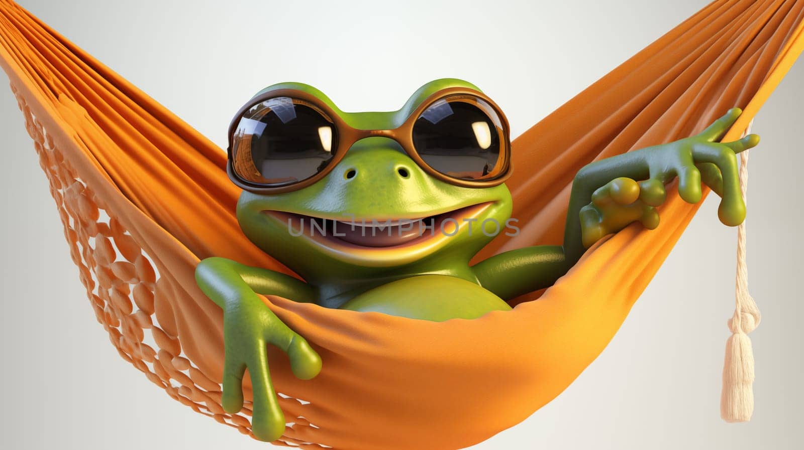 Happy frog wearing sunglasses, casually lounging on an orange hammock by Zakharova