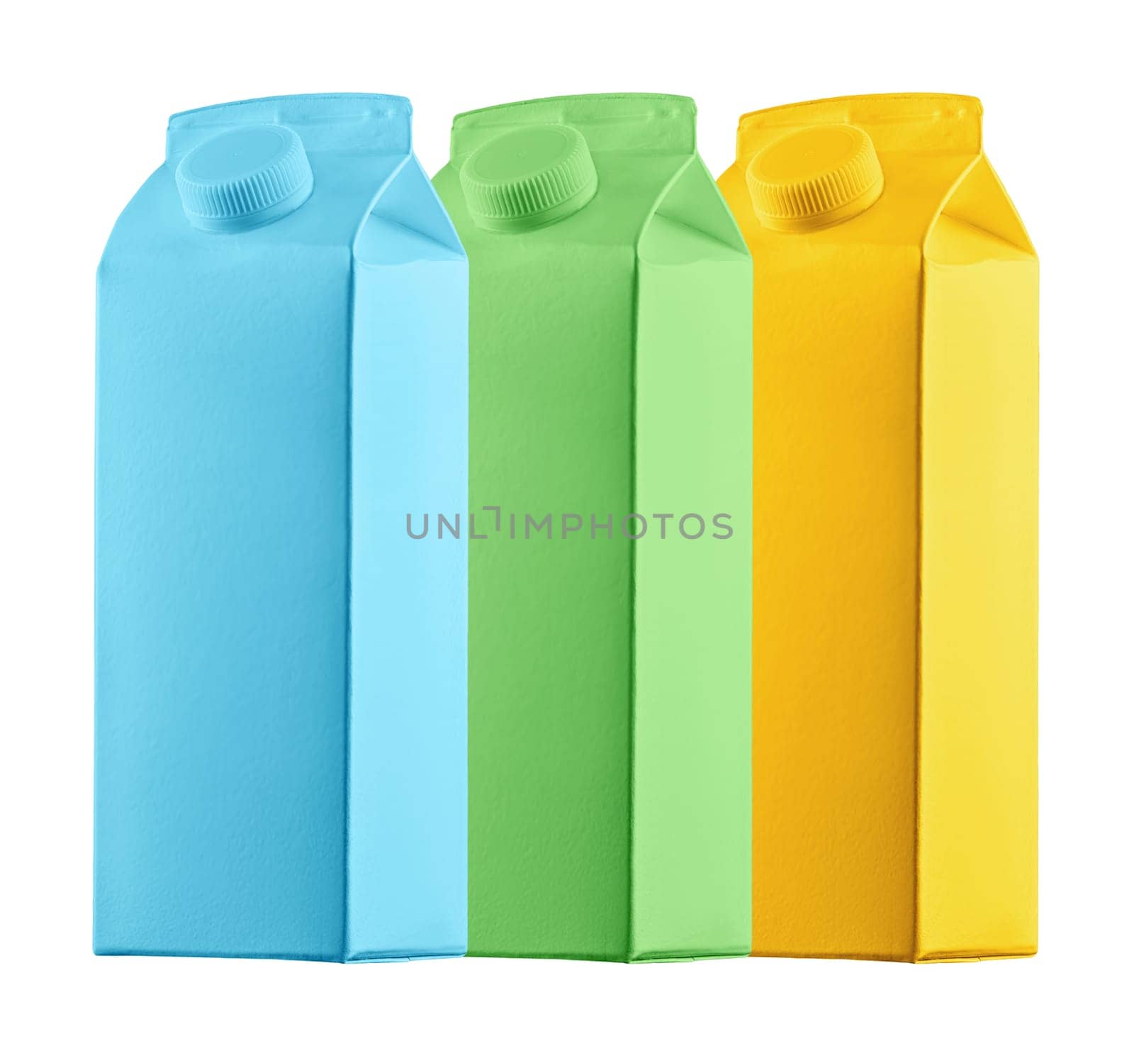 Close up three multicolor beverage carton, yellow orange, green and blue, milk, juice gable or other drink aseptic composite packaging material, isolated on white background