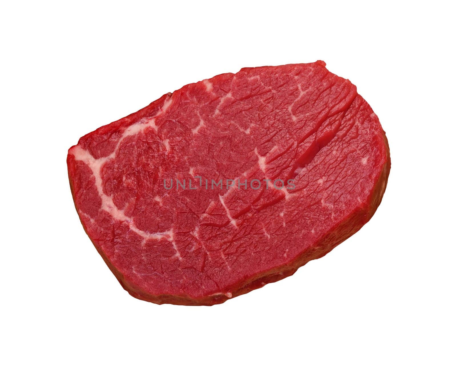 Close up one marbled raw beef tenderloin medallion steak isolated on white background, elevated top view, directly above