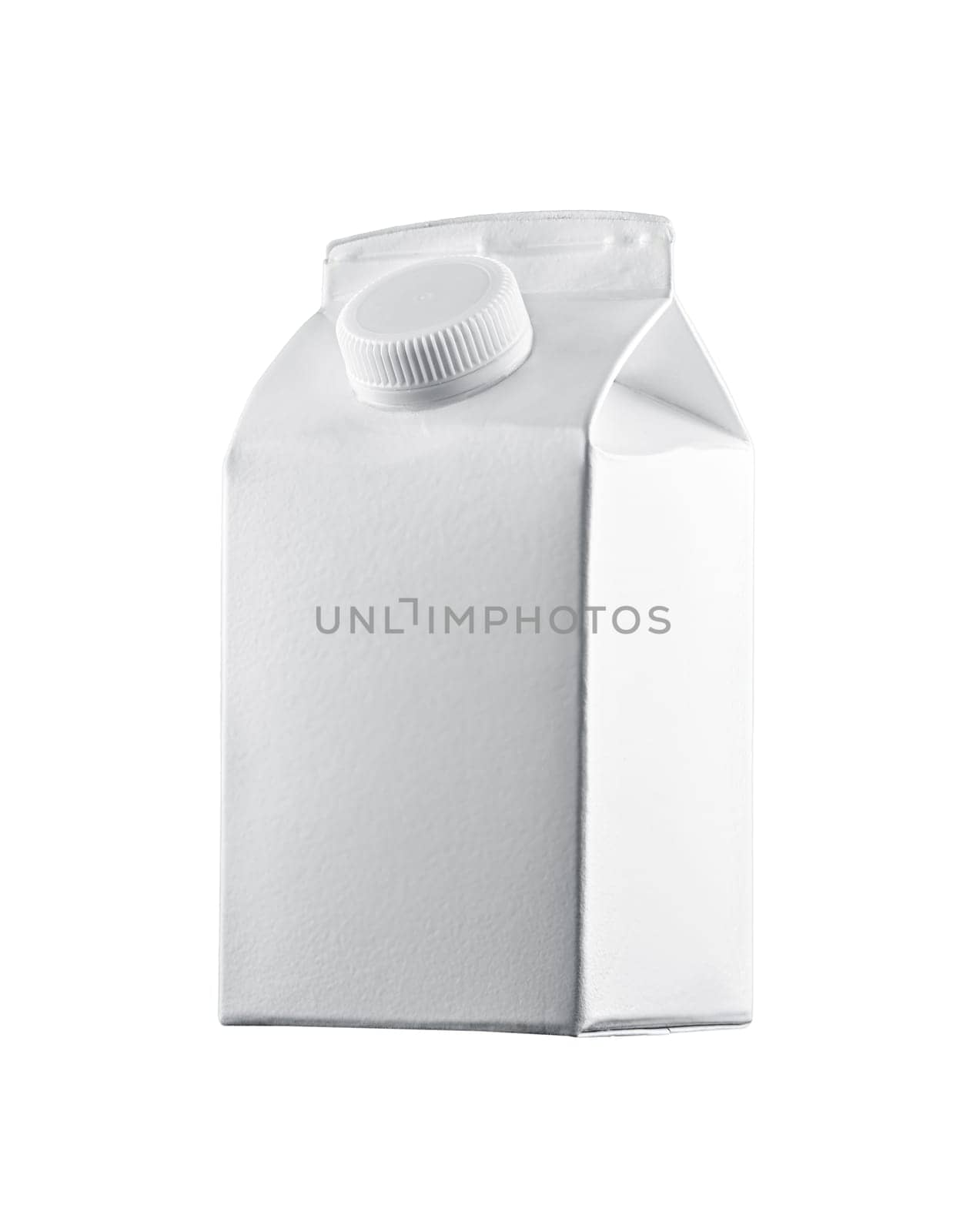 Close up one white beverage carton, milk, juice gable or other drink aseptic composite packaging material, isolated on white background
