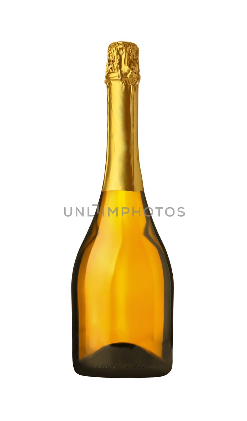 Close up one full unopen yellow brown glass bottle of champagne or prosecco white sparkling wine with golden foil, no paper label, isolated, cut out PNG on transparent background