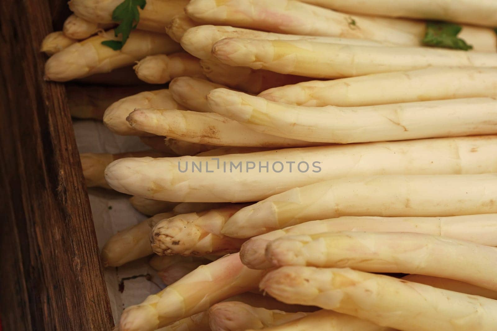 Close up fresh white asparagus in wooden box at retail display of farmer market, high angle view