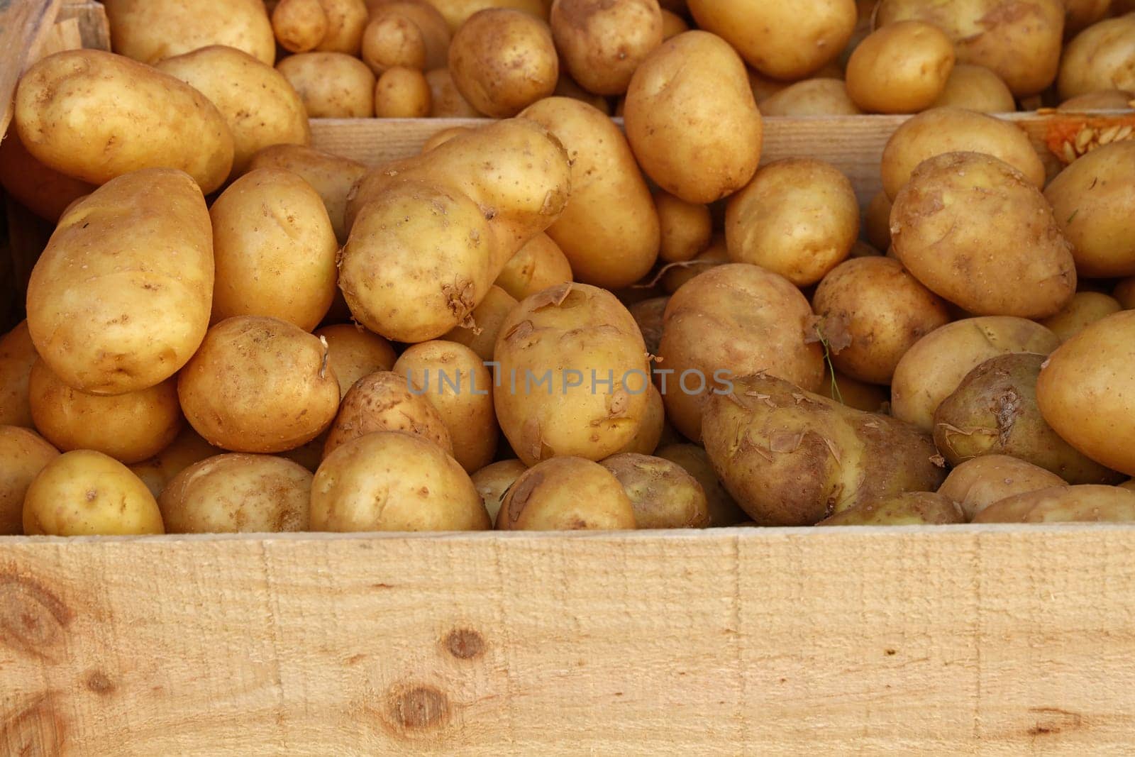 Close up heap of new potato at retail display by BreakingTheWalls