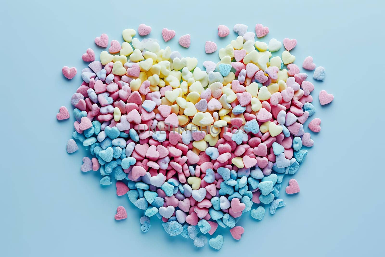 Illustration of a heart shape made of small multi-colored hearts. Concept Mother's Day, Valentine's Day, love. AI generated.
