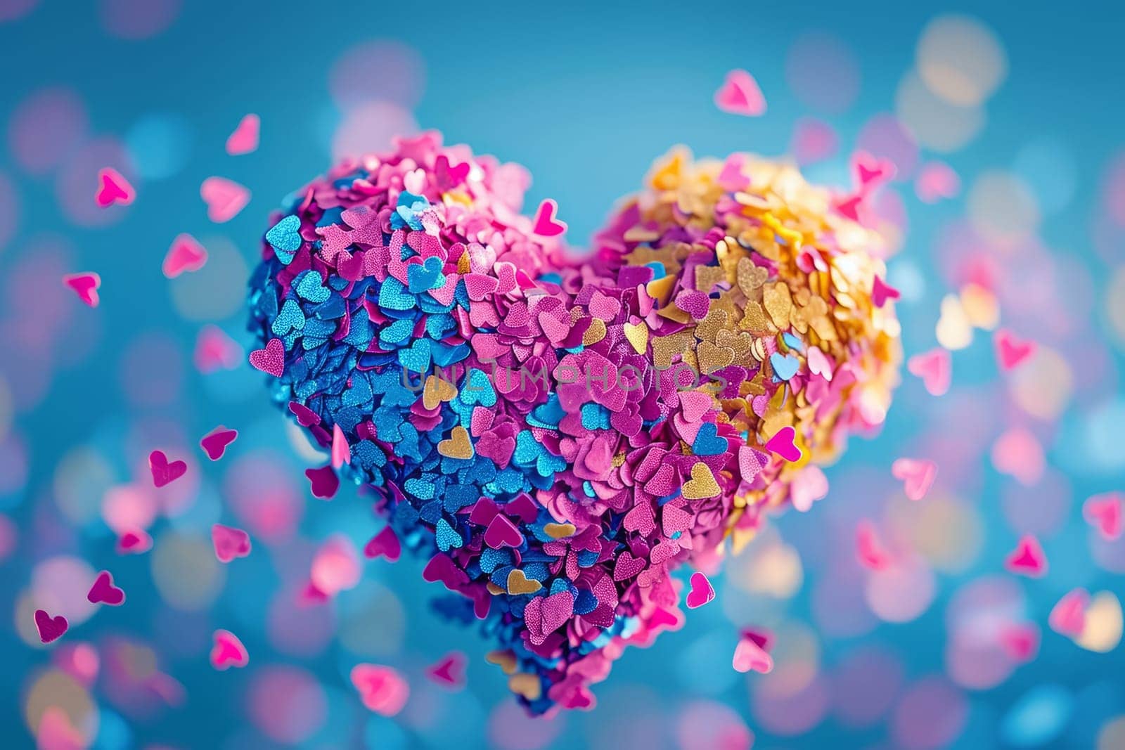 Illustration of a heart shape made of small multi-colored hearts. AI generated. by OlgaGubskaya