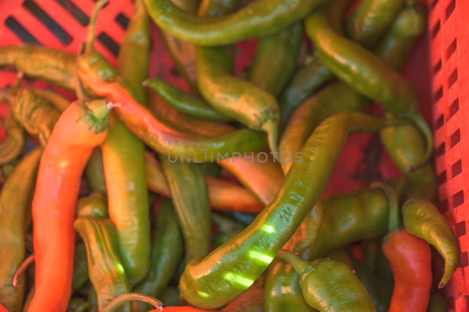 red and green peppers in a box near the store 1