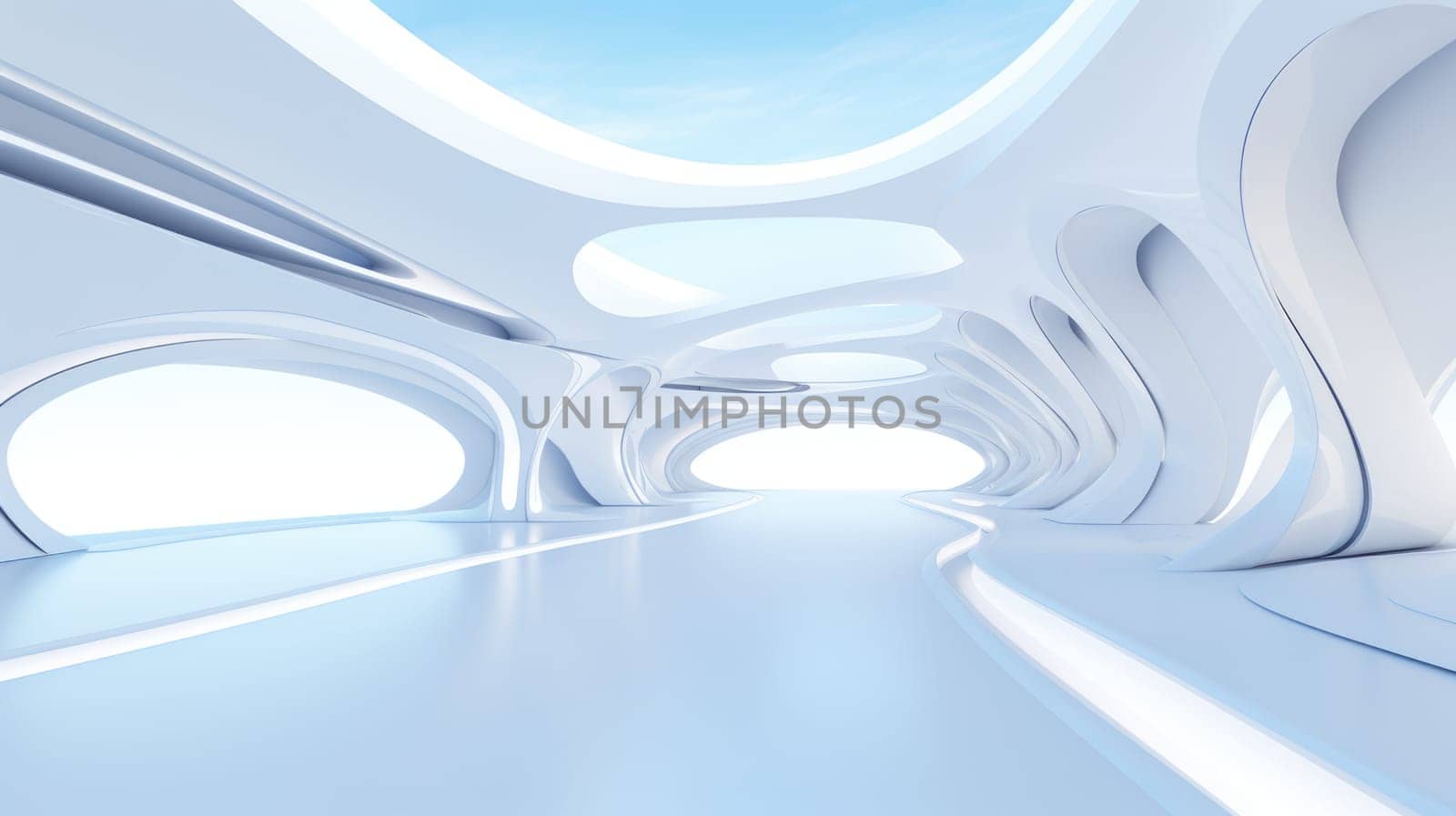 White futuristic tunnel leading to light. Wide angle. White futuristic background AI