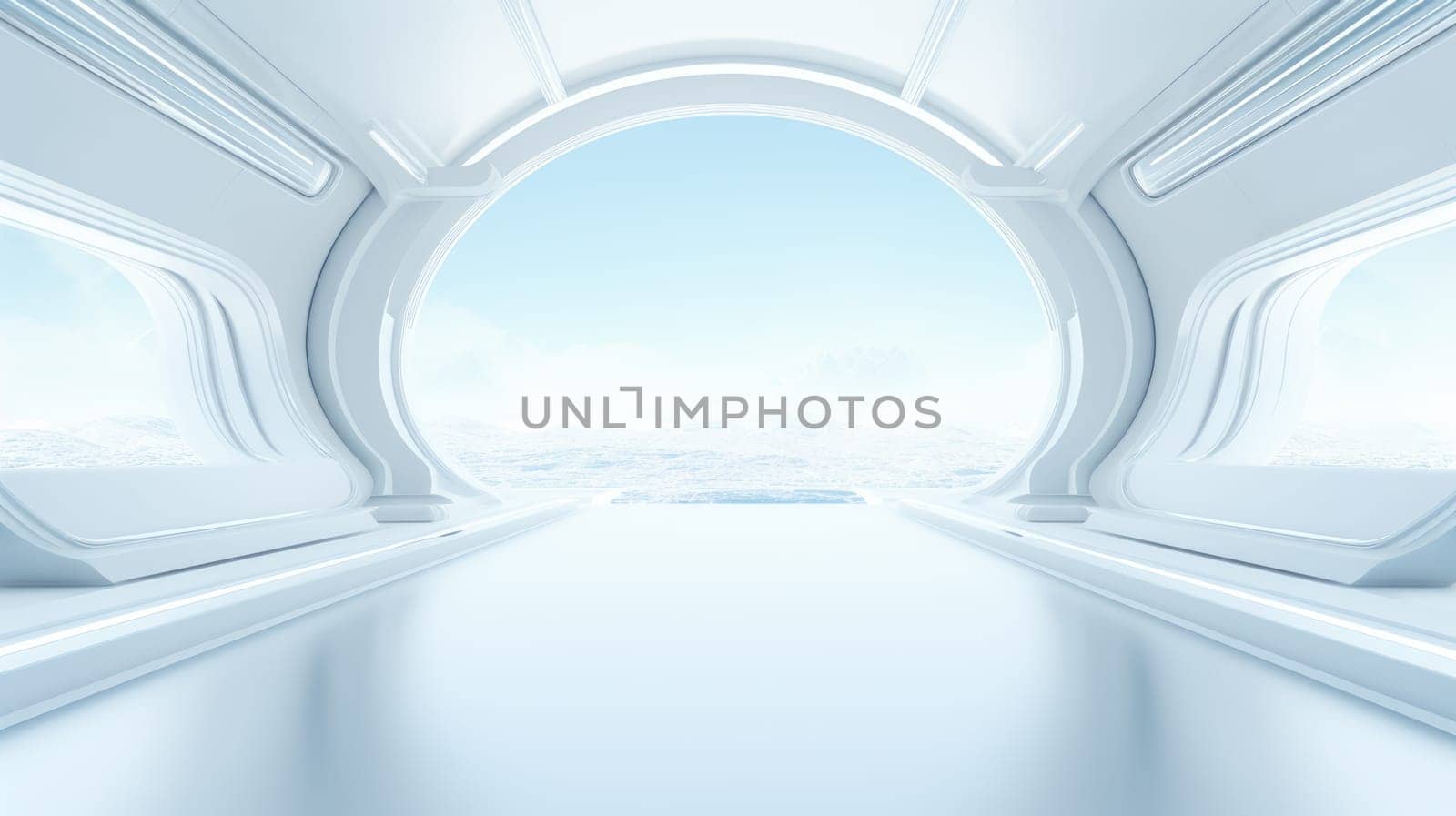 White futuristic tunnel leading to light. Wide angle. White futuristic background AI