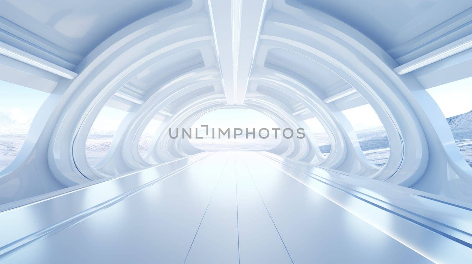 White futuristic tunnel leading to light. Wide angle. White futuristic background AI