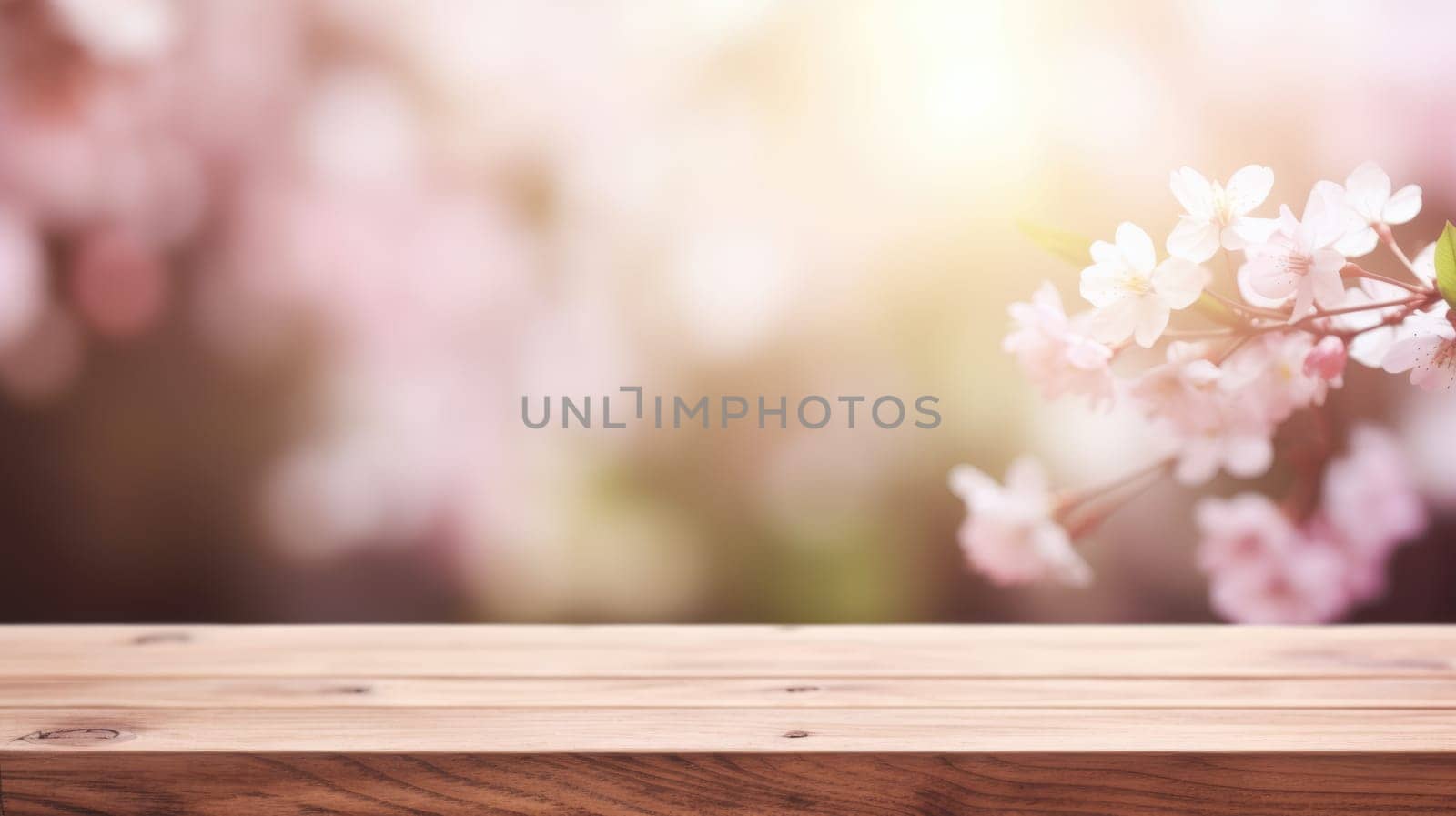 Wooden board empty table background. Abstract blurred spring nature background AI