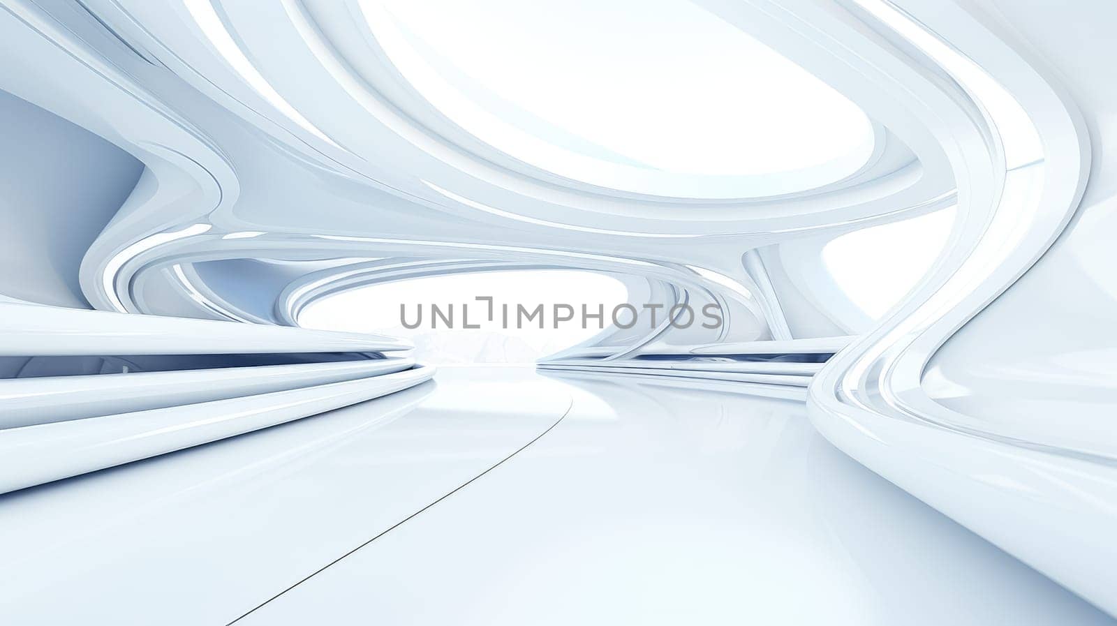 White futuristic tunnel leading to light. Wide angle. White futuristic background AI