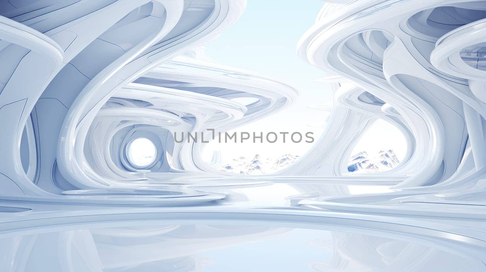 White futuristic tunnel leading to light. Wide angle. White futuristic background by natali_brill