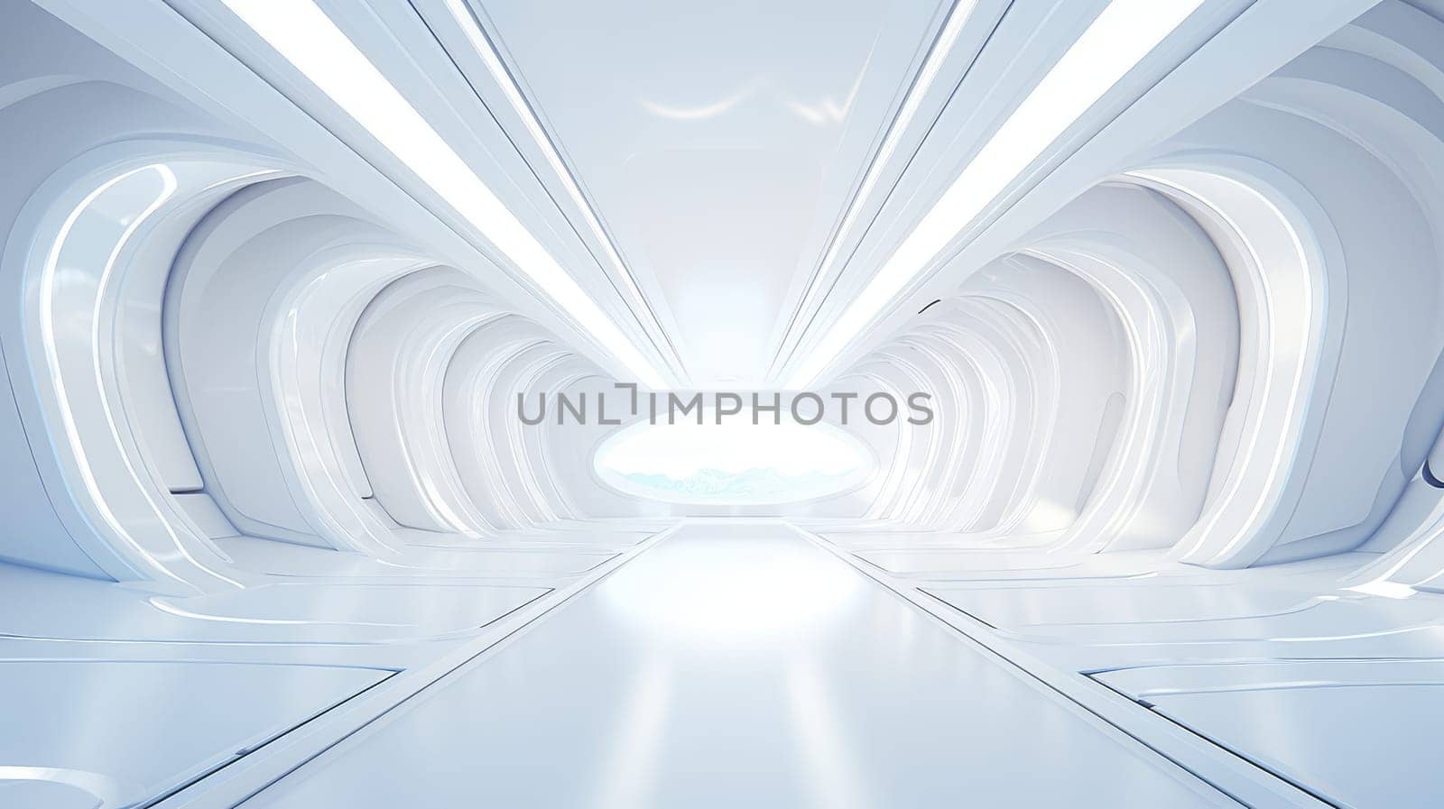 White futuristic tunnel leading to light. Wide angle. White futuristic background by natali_brill