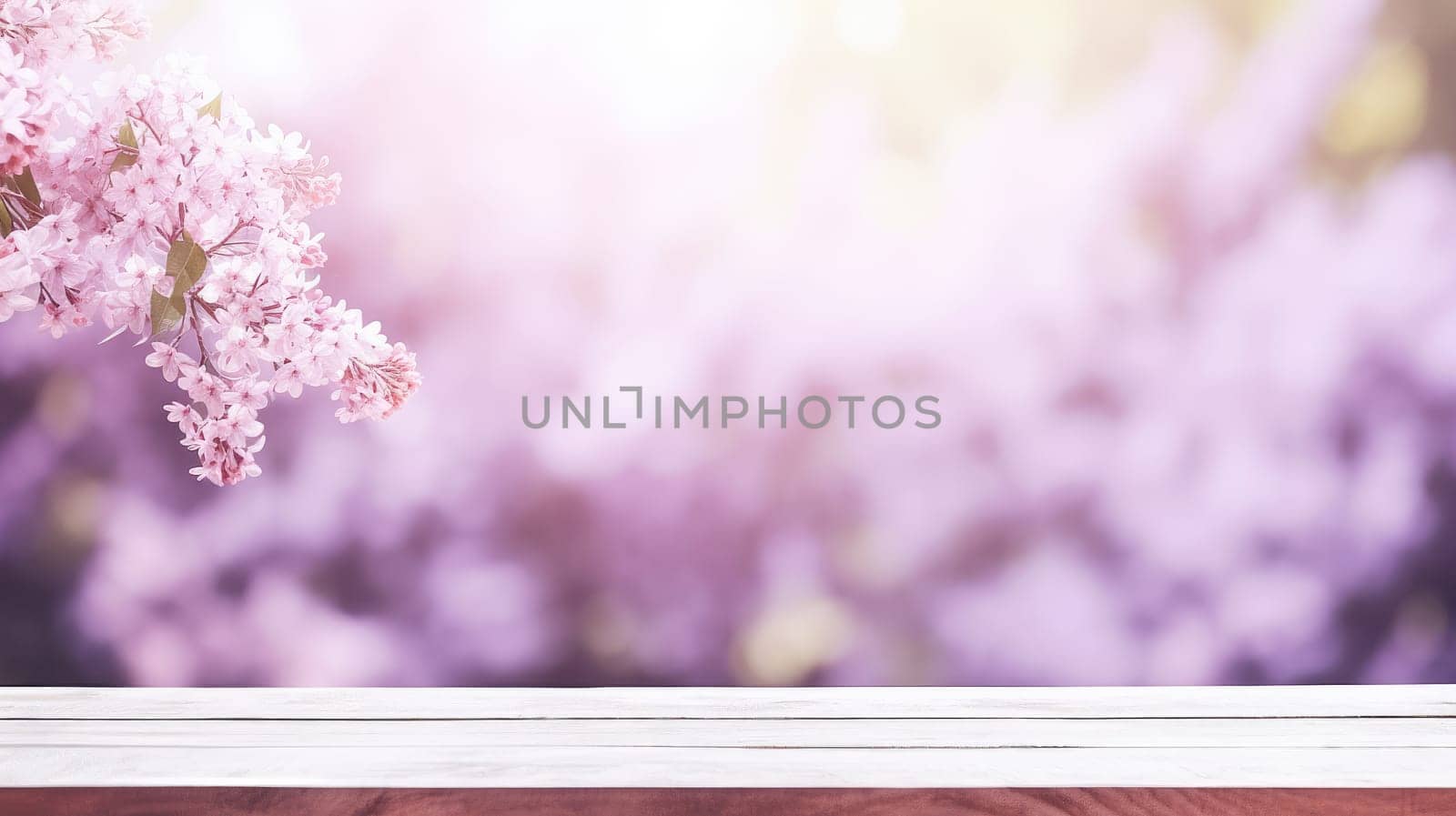 Wooden board empty table background. Abstract blurred lilac spring nature background AI